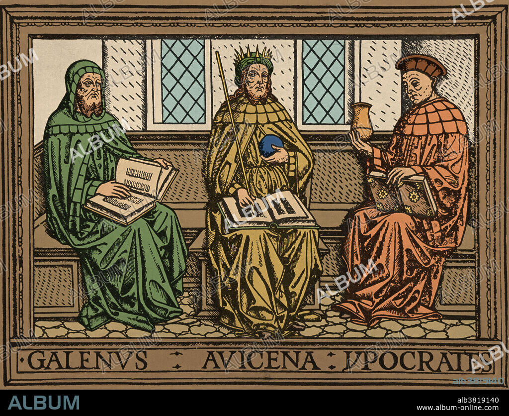 Depicted here are three great teachers of medicine: the Greek physician, Galen (130-200 AD), the Persian physician and philosopher, Avicenna (980-1037), and the Greek physician and father of medicine, Hippocrates (c. 460-370 BC). (Enhancement of BD9282).