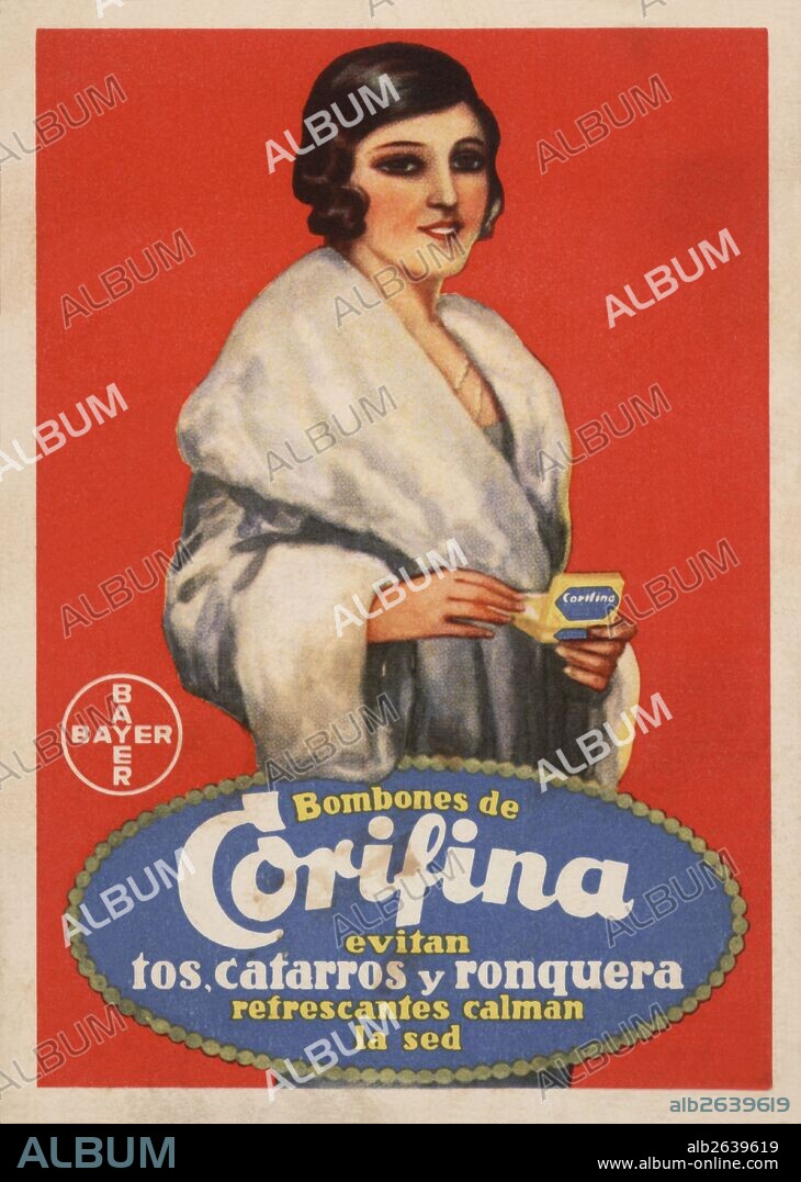 Publicidad farmacéutica de Bombones de Corifina, de Laboratorios Bayer. Años 1930.