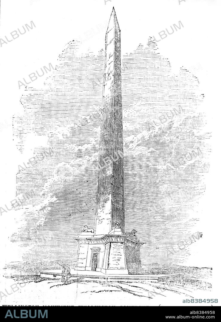 Wellington Monument, Wellington, Somerset, 1854. Monument designed by Thomas Lee, to commemorate the Duke of Wellington's victory at the Battle of Waterloo. It is the tallest three-sided obelisk in the world. 'The Committee, after satisfying themselves of the stability of the old shaft (which had been struck by lightning), decided that the original shaft, which was triangular, and about 100 feet high, should be carefully repaired, where necessary; and be carried up about 50 feet higher, so as to bring it more to the proportions of an obelisk. The staircase is to be carried to the top, where there is to be an opening in each face, commanding a magnificent view of the surrounding country...The Committee...hope also to raise sufficient funds to place colossal granite lions on the basement...and to surround the whole by a sunk fence, or "ha-ha"'. From "Illustrated London News", 1854.