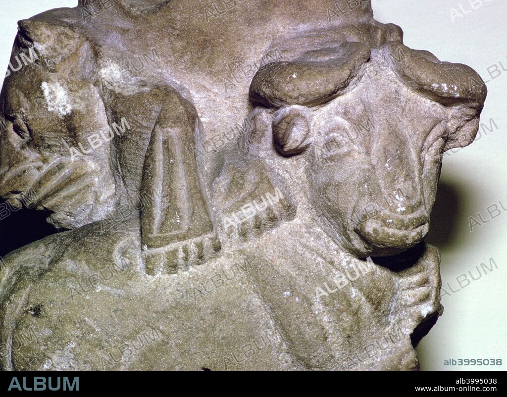 Limestone libation vase with two lions attacking young bulls, late Uruk, Warka, Southern Iraq, 3300BC-3000BC. From the British Museum's collection.