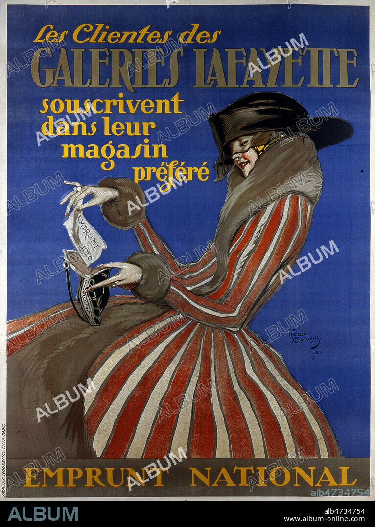 JEAN-GABRIEL DOMERGUE. 'Les clientes des Galeries Lafayette souscrivent dans leur magasin prefere'. Affiche publicitaire 1920 pour les Galeries Lafayette, avec mention 'Emprunt national'. Illustration par Jean Gabriel DOMERGUE (1888-1962)(ADAGP). Credit : Coll. Perrin/KHARBINE-TAPABOR.