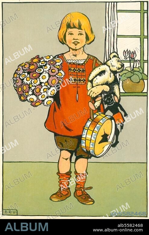 Mensch / Kind:. "Neujahrswunsch". Farbdruck nach Zeichnung von Else Rehm-Vietor. Aus: Mit Sang und Klang das Jahr entlang! Neue Kinderlieder von Carl Ferdinands. 2. Aufl., Leipzig (Alfred Hahn) o. J. (um 1910), S. 2. Berlin, Sammlung Archiv für Kunst und Geschichte.