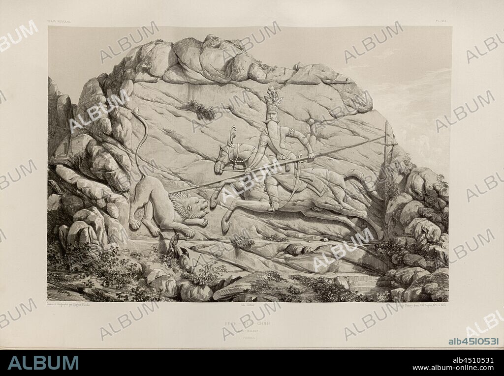 Feth-Ali-Châh. Bas-relief (Teheran), Relief Fath Ali Shah near Teheran (Iran), Signed: Dessiné & Lithographié par Eugène Flandin; Gide Editeur; Lith. De Thierry frères, Pl. XXX, Flandin, Eugène (dess. et lith.); Thierry frères (imp.); Gide et Cie. (ed.), 1851, Eugène Flandin; Pascal Xavier Coste: Voyage en Perse pendant les années 1840 et 1841. Paris: Gide et Jule Baudry, MDCCCLI.