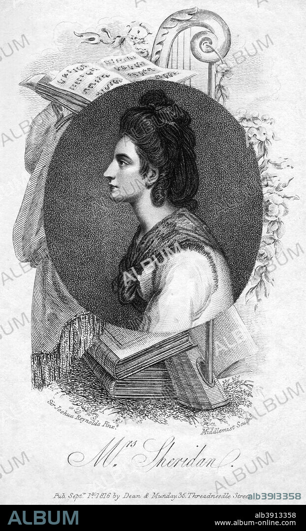Elizabeth Ann Sheridan, 18th century English singer, (1816). Born Elizabeth Ann Linley (1754-1792) was the second daughter of the composer Thomas Linley. In 1772 she eloped with and married the playwright and politician Richard Brinsley Sheridan.