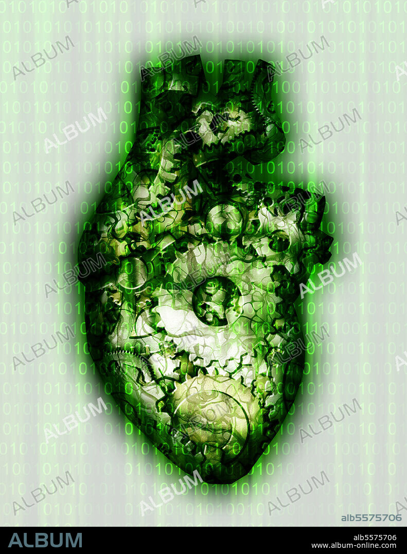 Machine heart with binary code.