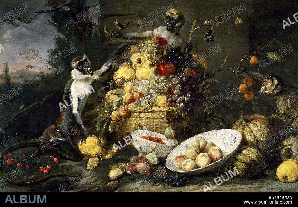 FRANS SNYDERS. Fruits and Vegetables with Monkey, Parrot and Squirrel by Frans Snyder, 1579-1657.