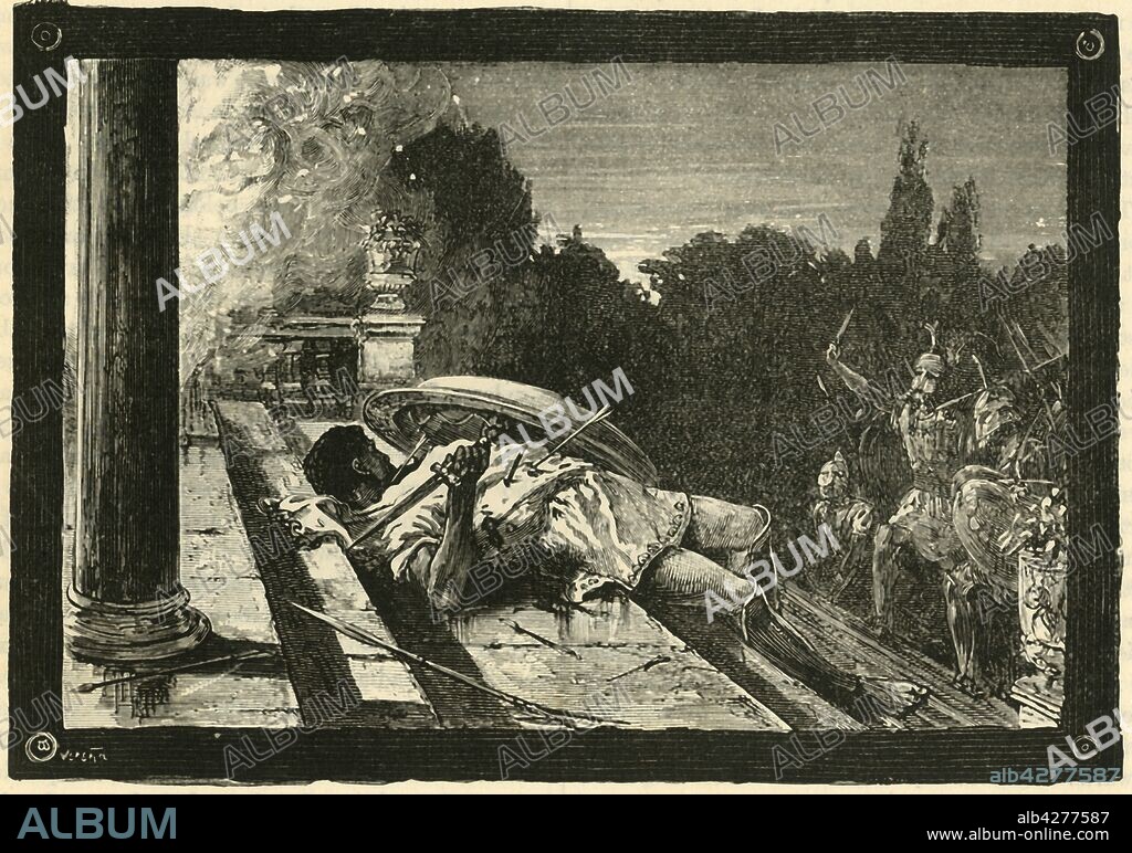 'Death of Alcibiades', 1890. Alcibiades (c450-404 BC), Athenian statesman and general, shifted alliance during the Peloponnesian War. In 404 BC, exiled in Phrygia in the Achaemenid Empire his residence was set on fire and he was assassinated by Persian soldiers. From "Cassell's Illustrated Universal History, Vol. I - Early and Greek History", by Edmund Ollier. [Cassell and Company, Limited, London, Paris and Melbourne, 1890].