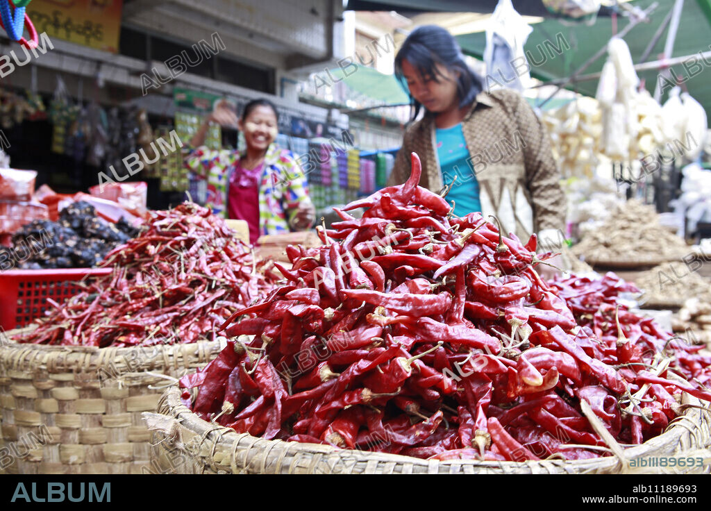 Chilli peppers at Monywa market, Monywa, Sagaing, Myanmar, Southeast Asia.