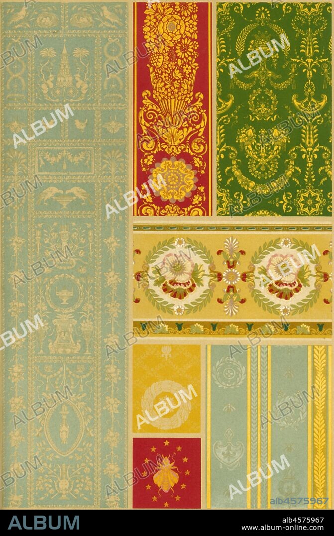 Silk-weaving, Germany, 18th and 19th centuries, (1898). 'Figs 1-7: Silk from Specimens in the Royal Museum at Stuttgart...The silk industry, which flourished in France as early as the 14th century received a further impetus in the 17th and still more in the 18th century by the fashion of covering the walls, and upholstering the furniture, with valuable silk fabrics. This fashion was also helpful to the still older German silk trade...Apart from traces of Chinese influence we have here the graceful swags and floral festoons, the vases, cornucopiae and torches, the charming and dainty lightness of which are so delightful in the style of Louis XVI, while in the frequent garlands, palms and shields we notice a foreshadowing of the style of the first Republic'. Plate 90 from "The Historic Styles of Ornament" translated from the German of H. Dolmetsch. [B.T. Batford, London, 1898].