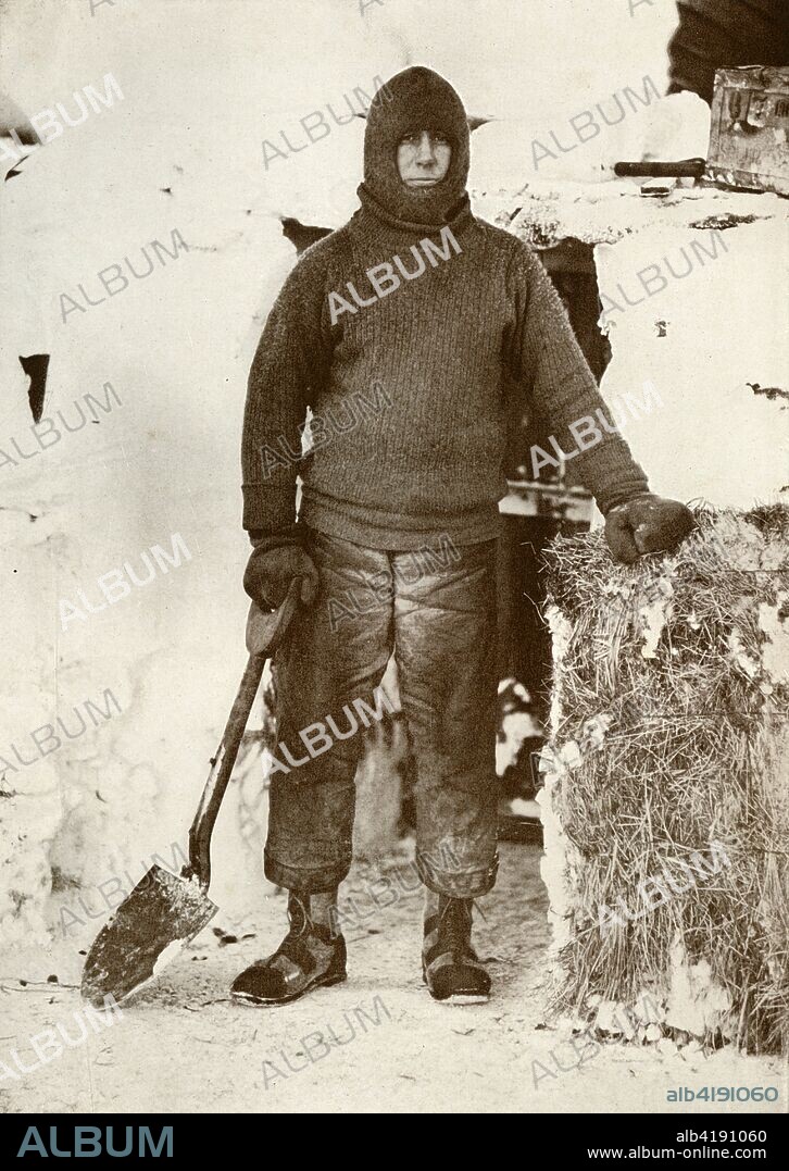 'Captain L. E. G. Oates by the Stable Door', 30 August 1911, (1913). Lawrence 'Titus' Oates (1880-1912) suffering from gangrene and frostbite, walked from his tent into a blizzard. His death is seen as an act of heroic self-sacrifice - aware that his ill health was compromising his three companions' chances of survival, he chose certain death. The final expedition of British Antarctic explorer Captain Robert Falcon Scott (1868-1912) left London on 1 June 1910 bound for the South Pole. The Terra Nova Expedition, officially the British Antarctic Expedition (1910-1913), included a geologist, a zoologist, a surgeon, a photographer, an engineer, a ski expert, a meteorologist and a physicist among others. Scott wished to continue the scientific work that he had begun when leading the Discovery Expedition to the Antarctic in 1901-04. He also wanted to be the first to reach the geographic South Pole. Scott, accompanied by Dr Edward Wilson, Captain Lawrence Oates, Lieutenant Henry Bowers and Petty Officer Edgar Evans, reached the Pole on 17 January 1912, only to find that the Norwegian expedition under Amundsen had beaten them to their objective by a month. Delayed by blizzards, and running out of supplies, Scott and the remainder of his team died at the end of March. Their bodies and diaries were found eight months later. From Scott's Last Expedition, Volume I. [Smith, Elder & Co., London, 1913].