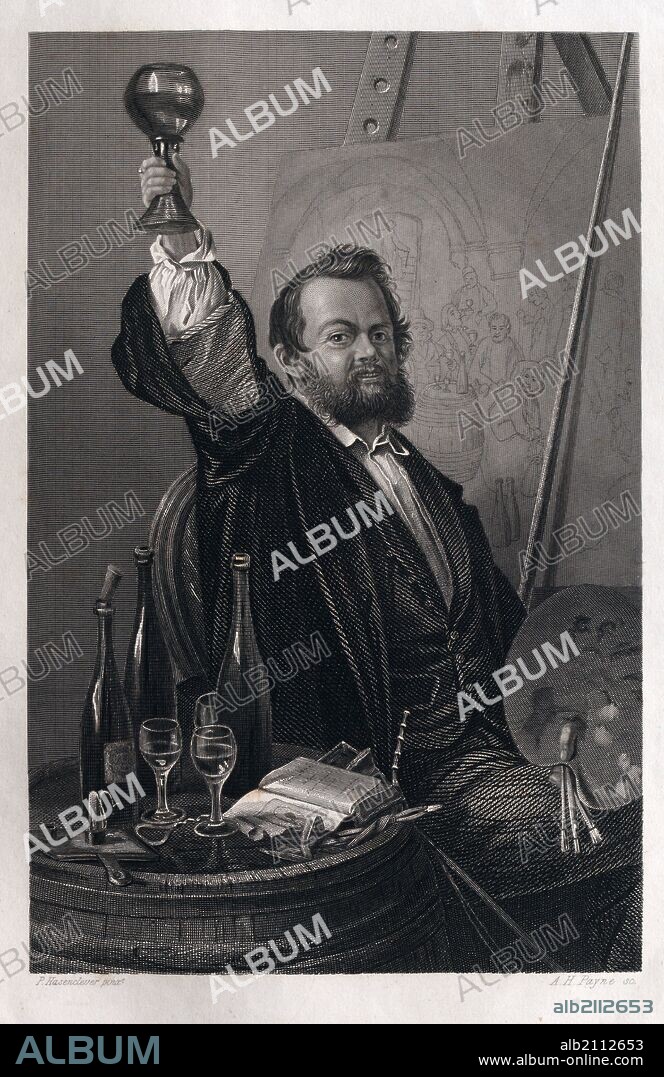 Portrait of the painter Peter Hasenclever, 1810-53, German, known mostly for his genre subjects, food and drink. glass, roemer, painter, palette, painting, table, book, glasses, wineglasses, winebottles, winebottle, candle, beard, cork, drink, alcohol, caucasian, happiness, happy, man, male, 19th century, wine, liszt gourmet archive.