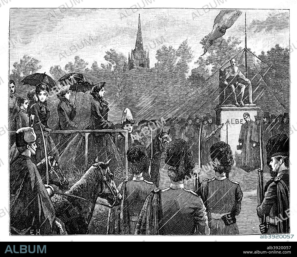 Queen Victoria unveiling the statue of Prince Albert at Aberdeen, 19th century. Ceremony to inaugurate a statue of Victoria's husband Prince Albert (1819-1861), who died of typhus. Illustration from The Life & Times of Queen Victoria, by Robert Wilson, Vol III.