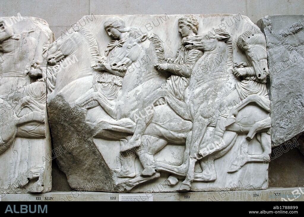 Greek Art. Parthenon. 5th century B.C. North frieze. XLIV-XLV. Riders. It comes from the Acropolis in Athens. British Museum. London. England. UK.