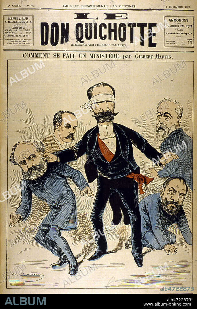 'Comment se fait un ministere' : en jouant a colin-maillard. A propos du gouvernement Alexandre RIBOT (1842-1923). Couverture de la revue 'Le Don Quichotte' du 11/12/1892 illustree par GILBERT-MARTIN (1839-1905). Credit : JEAN VIGNE / KHARBINE-TAPABOR.