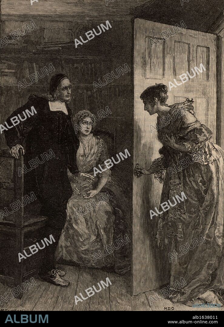 Richard Baxter (1615-1691) English Non-conformist clergyman. Margaret Charlton,  aged 20, asking Richard Baxter to marry her. In spite of their disparity in age, they had more than 20 happy years together until Margaret died at  the age of 42. From "The Quiver" (London, 1883).  Engraving.   (Photo by: Universal History Archive/UIG via Getty Images).