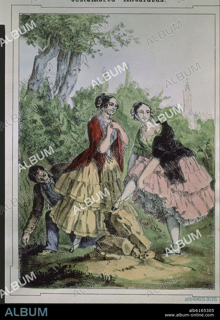ANTONIO CHAMAN. LAS CIGARRERAS - COSTUMBRES ANDALUZAS - GRABADO COLOREADO - SIGLO XIX.