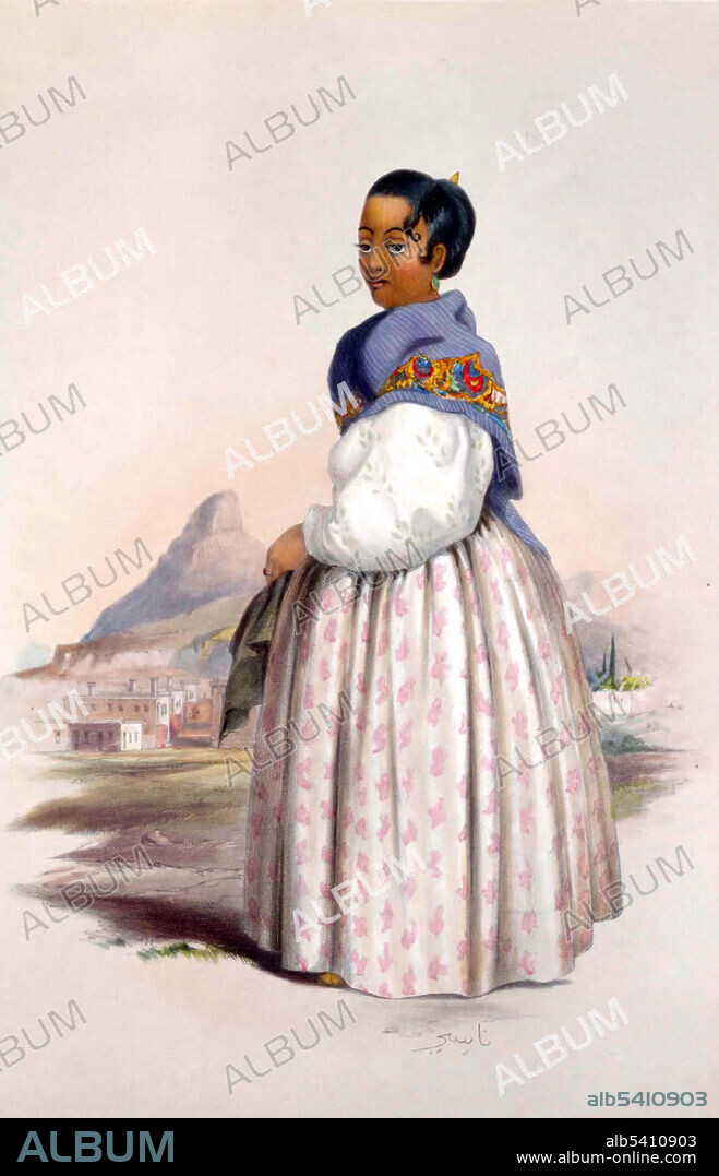 Nazea, wife of Karel, a Malay priest. Cape Malays are an ethnic group or community in South Africa. By the 19th century, the term was used to describe anyone at the Cape who was a practicing Muslim. Most Cape Malays were actually from Madagascar and East Africa, shipped to the Cape as slaves from the end of the 18th century, who converted upon arrival.  In George French Angas (English explorer and painter) went to South Africa, where he spent two years in Natal and the Cape, working on a series of drawings and watercolors which were published in 1849 as The Kafirs Illustrated.