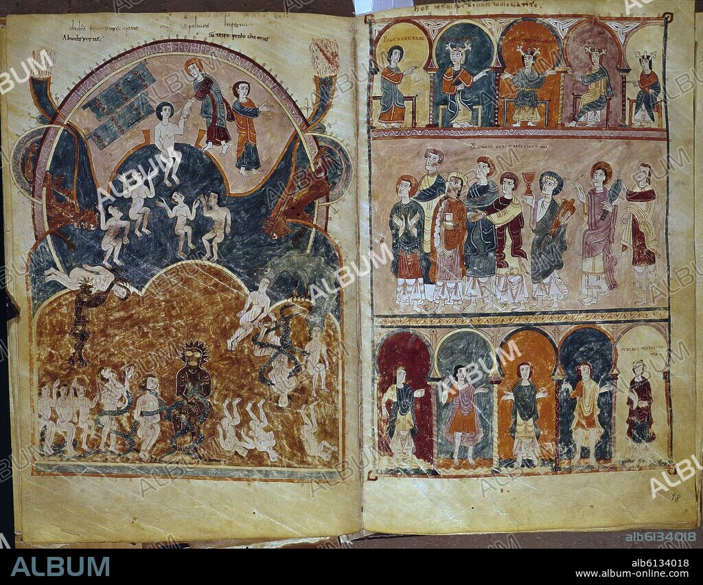 BEATO DE LIEBANA. BEATO DE SAN SALVADOR DE TABARA, 975- COMENTARIOS A LA APOCALIPSIS-F 17(IZQ)DESCENSO INFIERNO-F18(DH)MS 7.