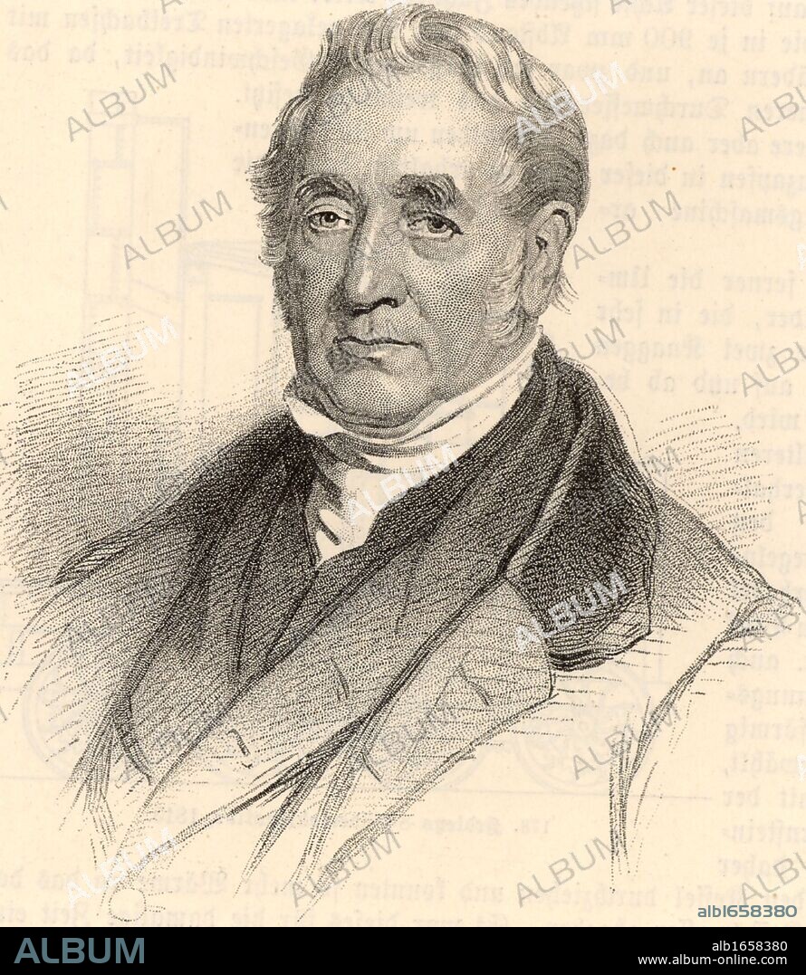 George Stephenson (1781-1848) English mechanical engineer and railway pioneer.  Engineer of the Stockton and Darlington Railway (1825), he made a survey for the Liverpool and Manchester Railway (1824) and was appointed engineer to the line 1826. In 1829 he won the Rainhill Trials with his locomotive 'Rocket' which had a tubular boiler. Engraving from "Das Buch der Erfindungen Gewerbe und Industrien" (Leipzig, 1896-1901).  (Photo by: Universal History Archive/UIG via Getty Images).