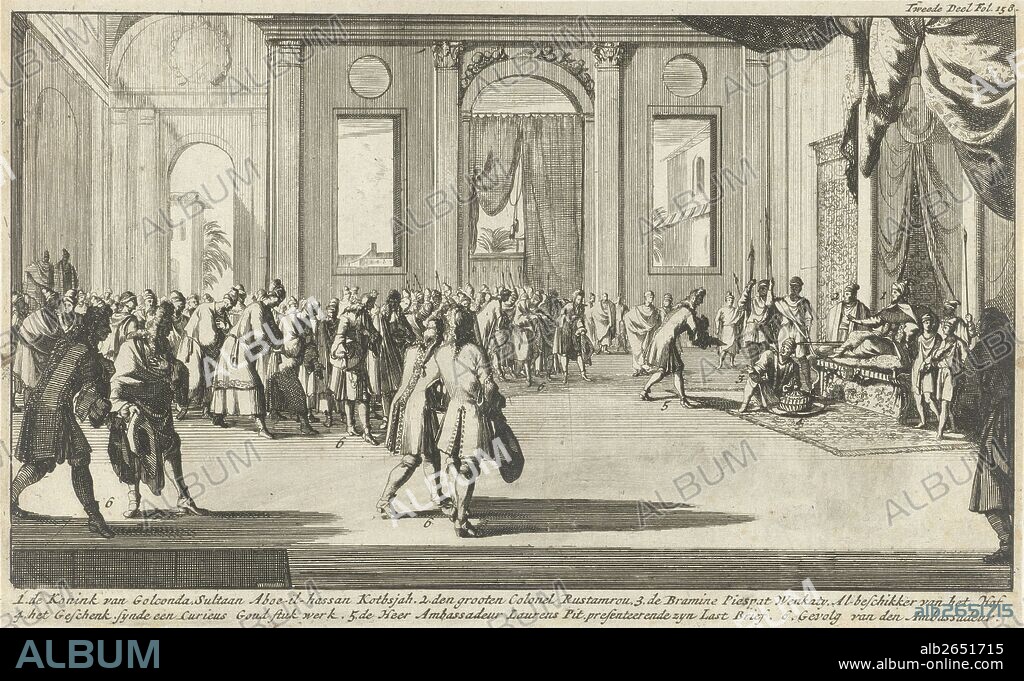 Laurens Pit visiting Sultan Abul Hasan Qutb Shah of Golkonda to hand him a commission, or Golla konda, a ruined fort of Southern India and capital of medieval Golconda Sultanate c.1518–1687.