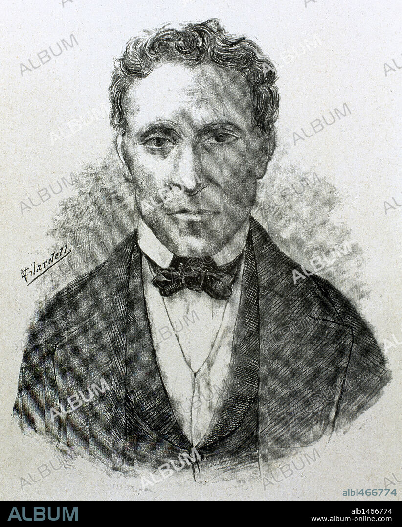OLMEDO, José Joaquín (1780-1847). Patriota y poeta ecuatoriano. Presidente provisional de la república tras el derrocamiento del conservador Flores (1845). Grabado de "Americanos célebres" (1888) .