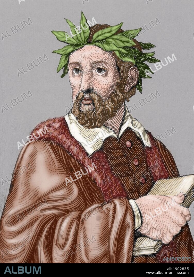 TASSO, Torquato (Sorrento,1544-Roma,1595). Poeta italiano. Autor de la monumental epopeya "Gerusalemme Liberata" (1581), una de las obras cumbre de la literatura italiana, donde el poeta narra las proezas de Godofredo de Bouillon en la I cruzada contra los musulmanes. Grabado coloreado del siglo XIX.