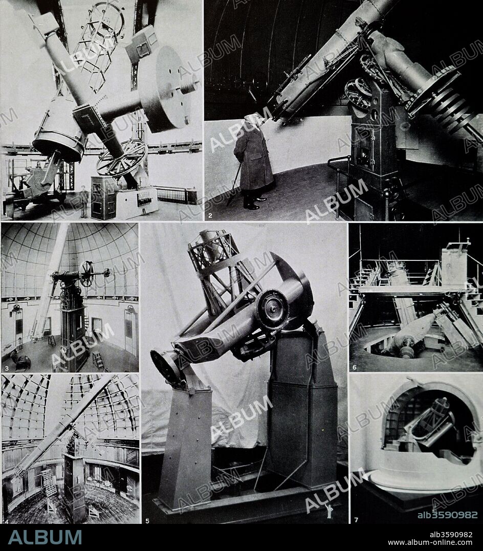 Reflecting telescopes: 1. Dominion Astrophysical Observatory, Victoria, B.C. Reflecting telescope with 72-in. mirror.2. Equatorial telescope at Columbia university. (The rising floor is about one-third of the way from the top.) 3. U.S. Naval Observatory, Washington. 26-in. Equatorial with which the satellites of Mars were discovered in 1874 & 6. The Lick Observatory: 36-in. refractor with spectrograph attached and (6) the Crossley reflector, showing moving observing platform5. A l/10th scale model of the 200-in. telescope in process of assembly for use of the California Institute of Technology on Mt. Palomar, California.7. This is a cutaway model showing the 200-in. telescope in the dome. Dated 20th Century.
