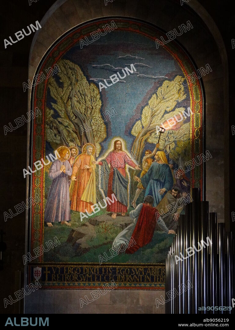 Mosaic inside the Church of All Nations; also known as the Church or Basilica of the Agony; is a Roman Catholic Church located on the Mount of Olives in Jerusalem; next to the Garden of Gethsemane. Consecrated in 1924.