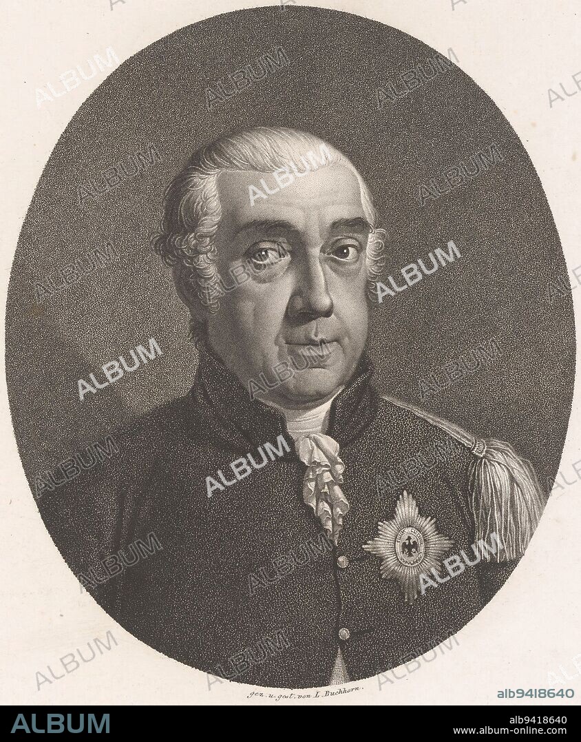 Portrait of Leopold III Friedrich Franz von Anhalt-Dessau, Ludwig Buchhorn, 1802, print maker: Ludwig Buchhorn, (mentioned on object), Ludwig Buchhorn, (mentioned on object), publisher: Gustav Zehl, (mentioned on object), print maker: Dessau, publisher: Dresden, 1802, paper, h 280 mm - w 217 mm.