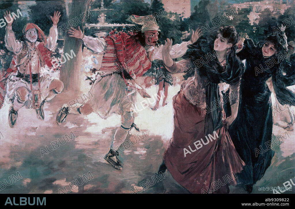 IGNACIO PINAZO CAMARLENCH. PINAZO , IGNACIO. PINTOR ESPAÑOL . VALENCIA 1849 - 1916. " SALIDA CARNAVAL DE VALENCIA " OLEO DEL AÑO 1889. MUSEO NACIONAL DE CERAMICA . VALENCIA.