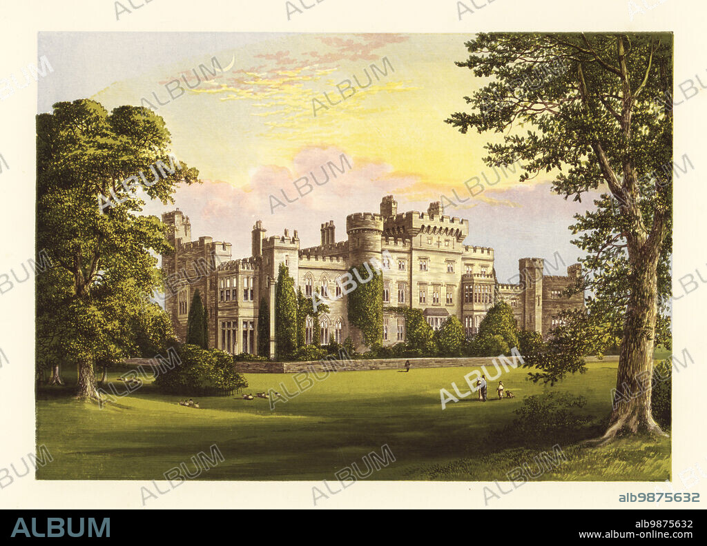 Hawarden Castle, Flintshire, Wales. 18th-century mansion house designed by Samuel Turner for Sir John Glynne, remodelled in the Regency era in crenellated Gothic-Revival style by Thomas Cundy for Sir Stephen Richard Glynne, 8th Baronet. Home of William Gladstone, MP, whose father John Gladstone owned 11 plantations in British Guiana and Jamaica (2,912 enslaved). Colour woodblock by Benjamin Fawcett in the Baxter process of an illustration by Alexander Francis Lydon from Reverend Francis Orpen Morriss Picturesque Views of the Seats of Noblemen and Gentlemen of Great Britain and Ireland, William Mackenzie, London, 1880.
