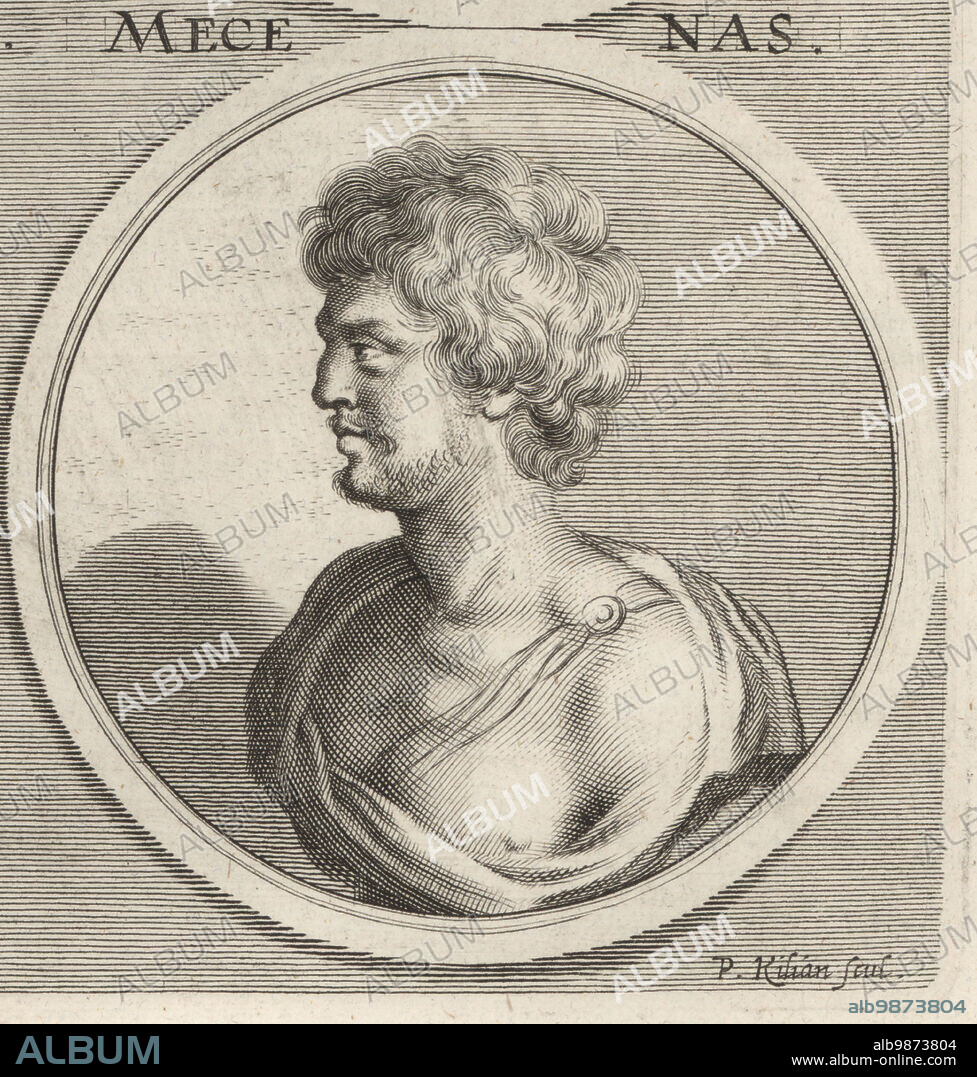 Gaius Cilnius Maecenas, friend and political advisor to Octavian (later Emperor Augustus) and patron of a new generation of Augustan poets, Horace and Virgil, c.70-8 BC. Mecenas. Copperplate engraving by Philipp Kilian after an illustration by Joachim von Sandrart from his LAcademia Todesca, della Architectura, Scultura & Pittura, oder Teutsche Academie, der Edlen Bau- Bild- und Mahlerey-Kunste, German Academy of Architecture, Sculpture and Painting, Jacob von Sandrart, Nuremberg, 1675.