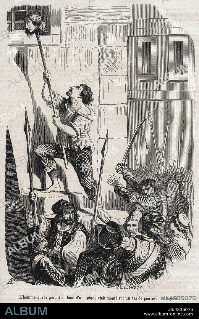 L'homme qui portait la tete de la princesse de LAMBALLE (1749-1792) au bout d'une pique etait monte sur un tas de pierres. Illustration vers 1850 par Leopold DEGHOUY (1821-1861) pour Les prisons de l'Europe par ALBOISE (1805-1854) et AUGUSTE MAQUET (1813-1888). Credit : Collection Jonas/Kharbine-Tapabor.