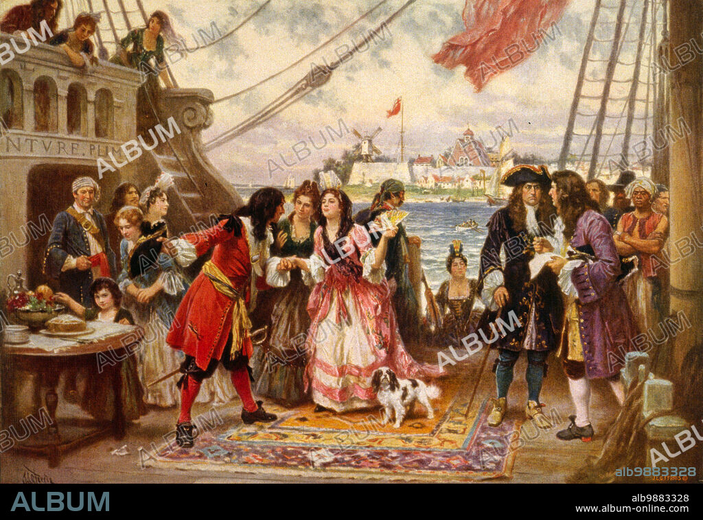 Captain Kidd in New York Harbor. Captain Pirate William Kidd welcomes a young woman aboard his ship; other men and women crowd the deck as another woman comes aboard, Painting by Jean Gerome Ferris, Historical, digitally restored reproduction from a 19th century original.
