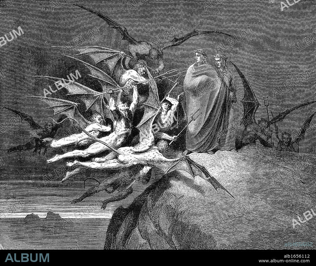 Dante and Virgil beset by demons on their passage through the eighth circle. Illustration (1861) by Gustave Dore for Dante Inferno, Canto XXI. Wood engraving.