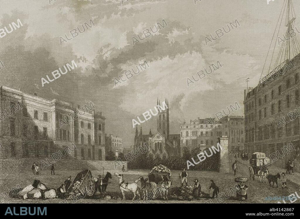 Reino Unido. Inglaterra. Londres. Catedral de Southwark. Grabado por John Woods. Dibujo por Hablot Knight Browne (1815-1882) a partir de un croquis por Robert Garland (1808-1863). "London and its Environs", h. 1840 (Londres y sus Alrededores). Biblioteca Histórico Militar de Barcelona, Cataluña, España.