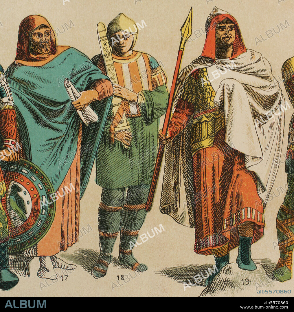 Byzantines (700-1000). From left to right, 17: Writer's costume. Paenula, 18: Byzantine soldier, 19: Warrior costume. Paenula. Chromolithography. "Historia Universal" (Universal History), by César Cantú. Volume IV. Published in Barcelona, 1881.