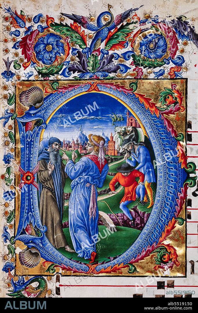 Piccolomini Library: choir book, cod. 24.9, ff. 1r with the Parable of the mote and the beam and the fall of the two blinds, by Liberale da Verona (about 1445 - 1527/9). Detail.