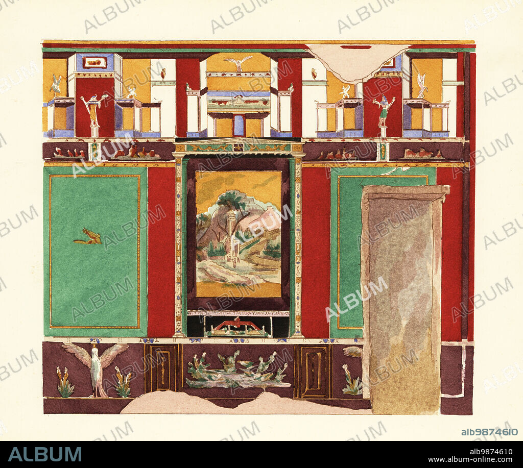 Dining room in the Casa di Orfeo or House of Orpheus, Pompeii. Egyptian style. Triclinium de la maison de lOrphee ou de Vesonius Primus, Region VI.14.20. Style egyptisant. Handcoloured pochoir (stencil) lithograph by Pierre Guzman from his own Decoration murale a Pompei, (Wall decoration at Pompeii), Editions Albert Morance), Paris, 1924.