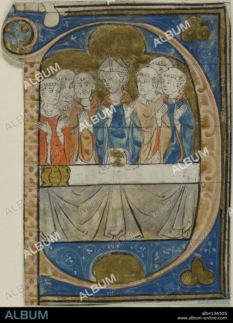 MASTER HONORE. Bishop at Mass in a Historiated Initial "P" from a Choirbook. French (possibly Paris); follower of Master Honoré (French, flourished 1288-1300). Date: 1290-1310. Dimensions: 105 × 80 mm. Manuscript cutting in tempera and gold leaf, with Latin inscriptions in gothic book hand, verso, in black ink, on parchment. Origin: France.