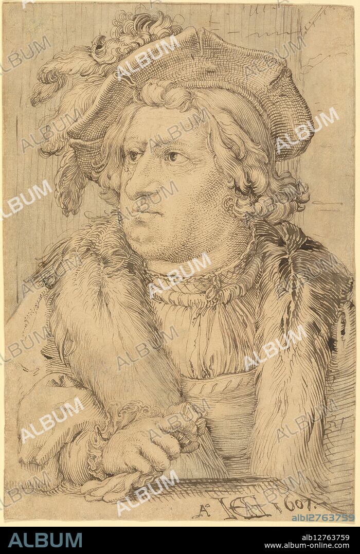 HENDRIK GOLTZIUS. Portrait of a Man, 1607.   Additional Info: Goltzius had an uncanny talent of emulating the styles of the great masters, which he often displayed in these imaginary portraits. Here he took up Lucas van Leyden's manner, particularly in the flowing hatching of the fur collar and the rounded modeling of the fingers. Goltzius also gave pronounced emphasis to feathers, hair, and fur, aspects of his drawing that epitomized the styles of past Northern European masters. This imaginary portrait seems so lifelike and individualized that earlier scholars identified it with a specific person.