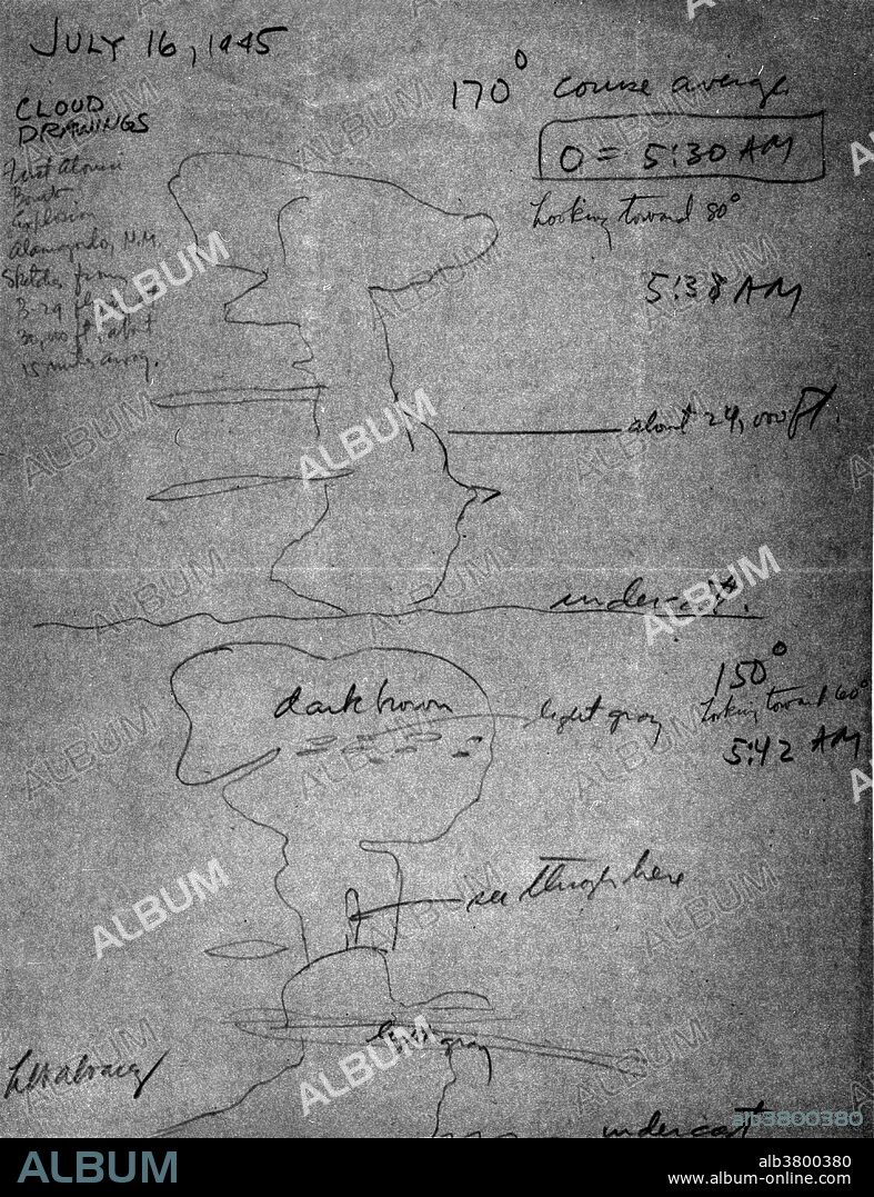 Alvarez sketch of first atomic bomb explosion made from B-29 over Almagordo, New Mexico, July 16, 1945. Luis Walter Alvarez (June 13, 1911 - September 1, 1988) was an American experimental physicist, inventor, and professor. In 1936, he went to work for Ernest Lawrence at the Radiation Laboratory at the University of California, where he devised a set of experiments to observe K-electron capture in radioactive nuclei, predicted by the beta decay theory but never observed. In 1940 he joined the MIT Radiation Laboratory, where he contributed to a number of WWII radar projects. He spent a few months at the University of Chicago working on nuclear reactors for Enrico Fermi before coming to Los Alamos to work for Robert Oppenheimer on the Manhattan project. After the war Alvarez was involved in the design of a liquid hydrogen bubble chamber that allowed his team to take millions of photographs of particle interactions, develop complex computer systems to measure and analyze these interactions, and discover entire families of new particles and resonance states. This work resulted in his being awarded the Nobel Prize in 1968. He died of cancer in 1988 at the age of 77. He was cremated, and his ashes were scattered over Monterey Bay.