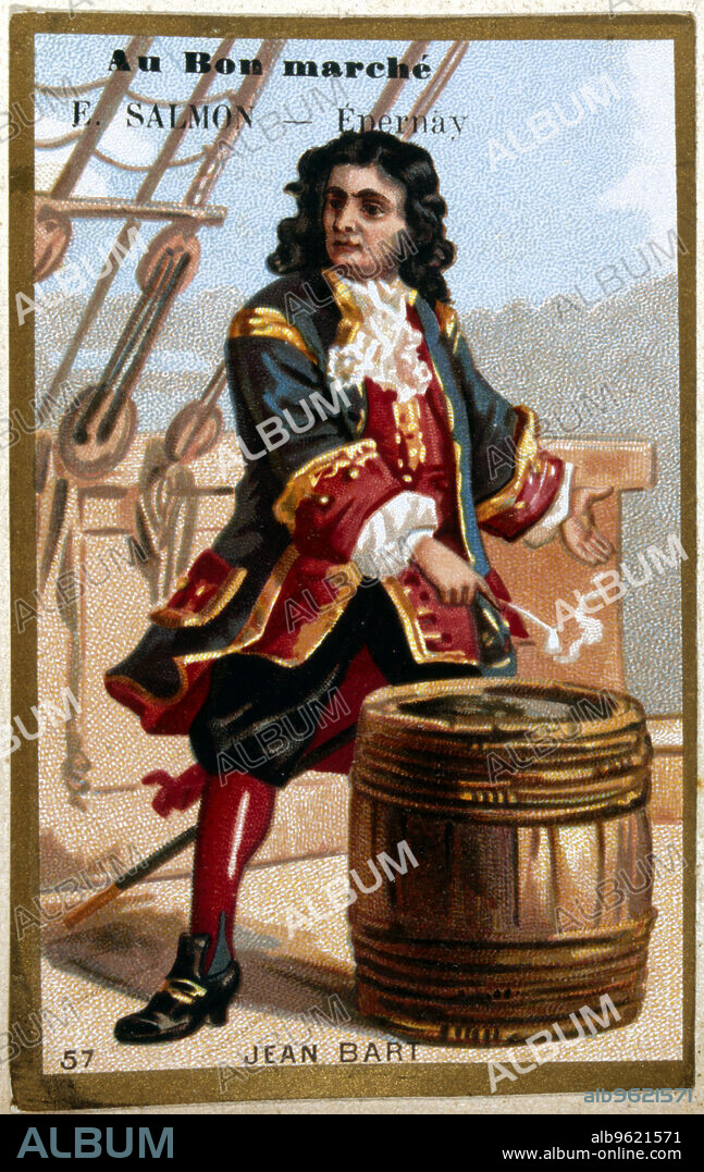 ANON. Jean Bart, French privateer and naval officer, 19th century. Bart (1651-1702) served in the French Navy in the war between Louis XIV and the United Provinces. Although initially prevented by his low birth (he was the son of a Dunkirk fisherman) from holding a commission, his success as a privateer led to him ultimately attaining the rank of Admiral in the French Navy. Operating out of Dunkirk, from 1691 Bart commanded a small squadron of French ships in the North Sea, which succeeded in destroying and capturing numerous English and Dutch vessels. A hero to the French Navy, his most celebrated exploit was the capture, in 1694, of a convoy of some 130 ships carrying grain from the Baltic to the Netherlands. At least 27 French warships have been named after Bart.