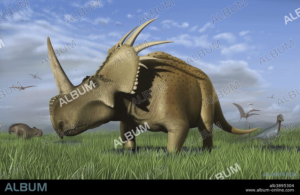 Group of dinosaurs grazing in a grassy field. Visible are Styracosaurus, Stegoceras, Udanoceratops and Quetzalcoatlus.
