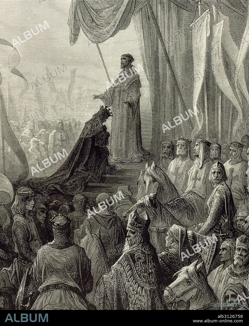 HISTORIA DE LAS CRUZADAS. Guerras que sostuvieron los cristianos de occidente contra el Islam para recuperar los Santos Lugares (siglos XI al XV). PRIMERA CRUZADA (1096-1099). Grabado de Gustavo DORE donde se representa a los CRUZADOS recibiendo la bendición tras la conquista de la ciudadela de MOSUL, el 28 de junio de 1098.