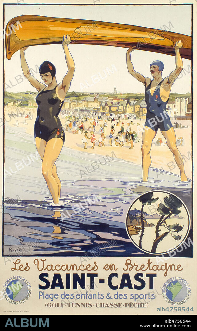 Les vacances en Bretagne, SAINT-CAST, plage des enfants et des sports. Affiche touristique ancienne , illustration de 1936 par PERYBER, annees 30, debut 20eme siecle. Credit Collection privee GalDoc/Grob/KHARBINE TAPABOR.