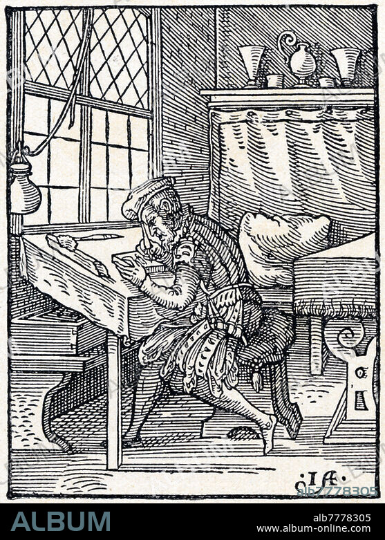 PRESS HISTORY The wood block carver for making woodcut dies. Engraved by Swiss illustrator Jost Amman (1539 - 1591) from "The Book of Crafts" written in verse by the German Master Singer Hans Sachs (5 November 1494 - 19 January 1576), printed by Sigmund Feyerabend (1528-22 April 1590) , Frankfurt 1568.