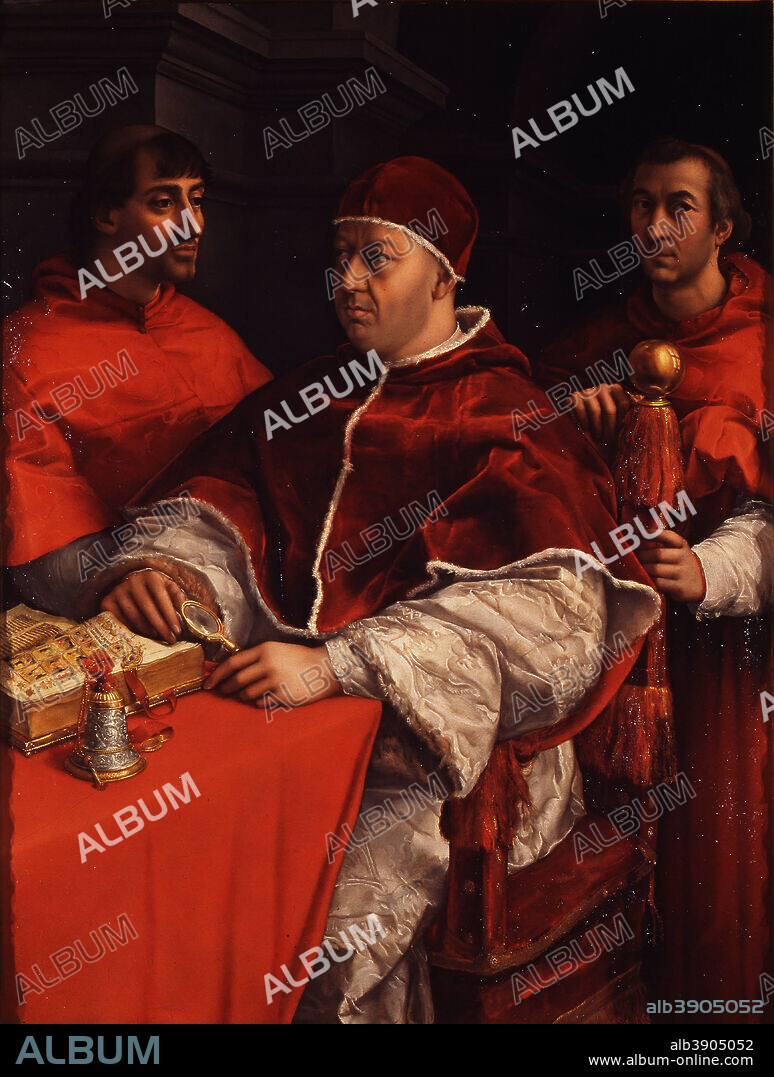 RAPHAEL. Ritratto di Leone X coi cardinali Giulio de' Medici e Luigi de' Rossi / Portrait of Pope Leo X with Cardinals Giulio de' Medici and Luigi de' Rossi. Date/Period: Ca. 1518. Painting. Oil on panel. Height: 155.5 cm (61.2 in); Width: 119.5 cm (47 in).
