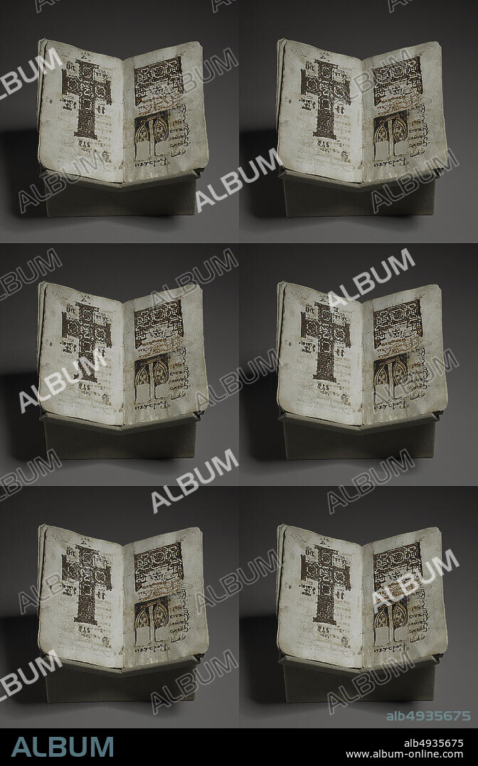 Coptic Liturgical Codex, Illustrated manuscript, 17th18th century, Possibly made i. Found Egypt, Black and colored inks on Venetian paper, Overall (closed): L. 6 1/8 in. (15.5 cm), W. 4 1/4 in. (10.8 cm), D. 1/2 in. (1.3 cm), Overall (open on book mount): H. 6 1/8 in. (15.5 cm), W. 7 15/16 in. (20.2 cm), D. 6 7/8 in. (17.4 cm), Codices.