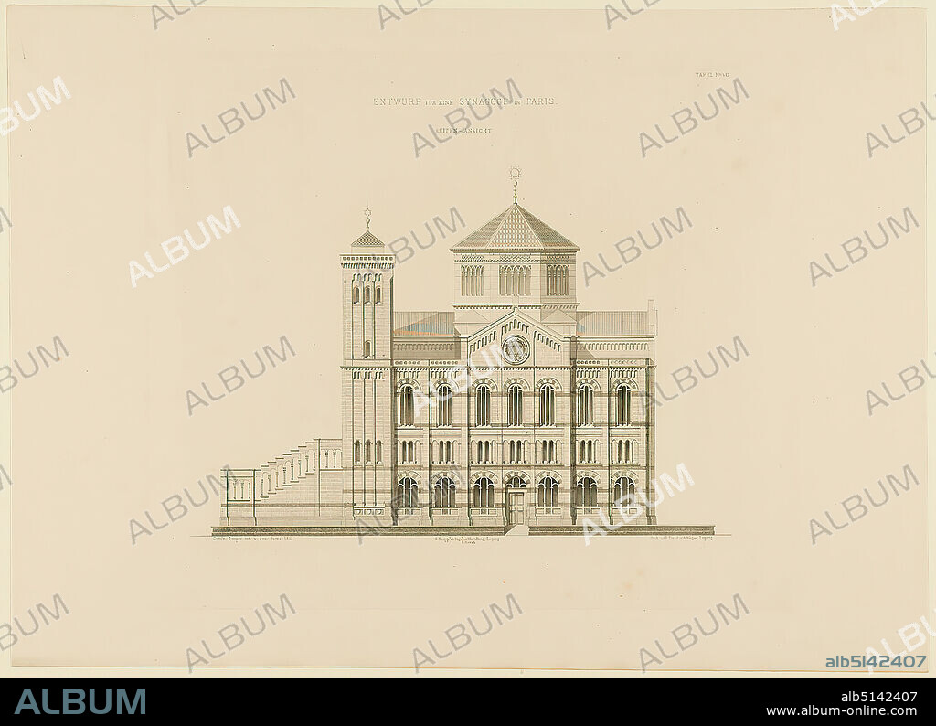 G. Knapp, Verlagsbuchhandlung Leipzig, Gottfried Semper, design for the synagogue in Paris. Side view, old stock, probably a 1903, paper, copperplate engraving, sheet size: height: 47 cm; width: 61.7 cm, inscribed: in the printing plate: Gottfr. Semper invented and signed: Paris 1851, engraving and printing by A. Weger, Leipzig, G. Knapp, Verlagsbuchhandlung, Leipzig. E. Nowák, TAFEL No. 40, stamp: address, graphics, draft, plan of a building, architecture, tabernacle, temple, synagogue, sanctuary (Jewish religion), hist. Building, locality, street.